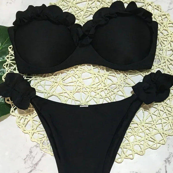 Zestaw bikini bandeau z falbanami i push-upem Czarny