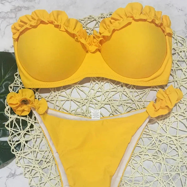 Zestaw bikini bandeau z falbanami i push-upem Żółty