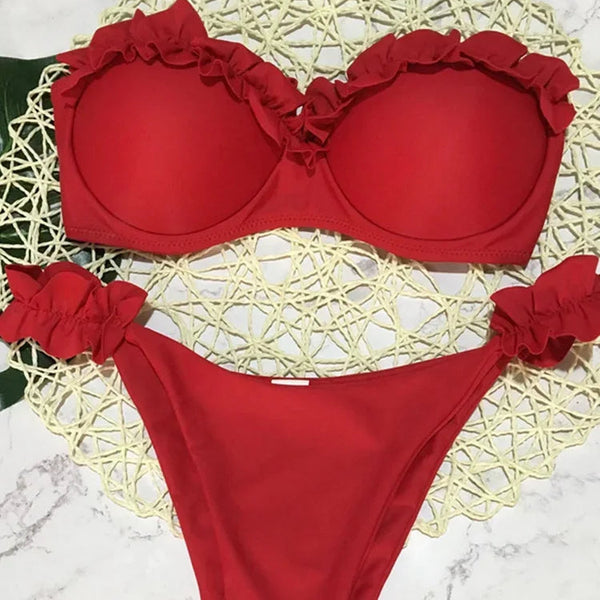 Zestaw bikini bandeau z falbanami i push-upem Czerwony