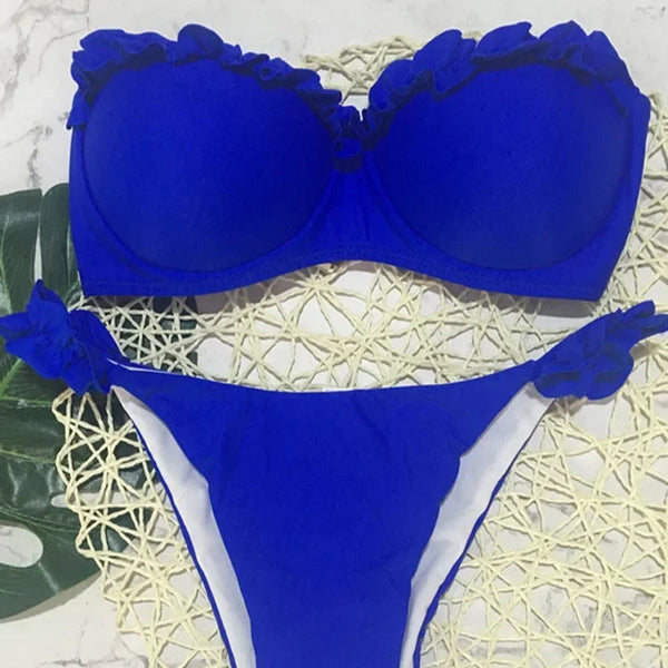 Zestaw bikini bandeau z falbanami i push-upem Niebieski